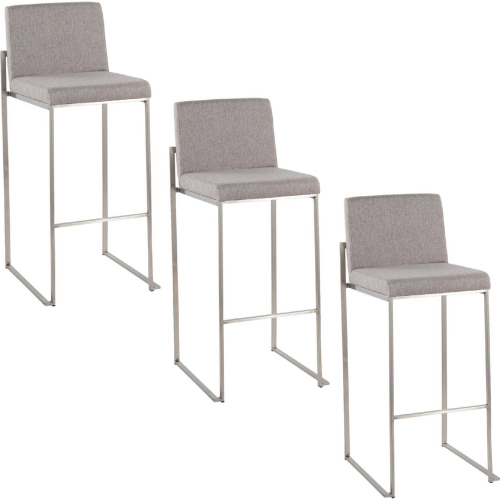 Fuji 30" High Back Bar Stool in Stainless Steel & Grey Fabric (Set of 3)
